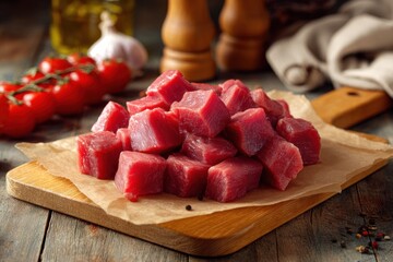 Fresh Raw Meat Cubes on Wooden Cutting Board with Tomatoes and Spices