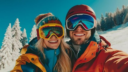 A couple bundled up in winter gear, including helmets and goggles, smile for a selfie on a snowy mountain. Evergreen trees dusted with snow create a picturesque backdrop against a clear blue sky. - Powered by Adobe