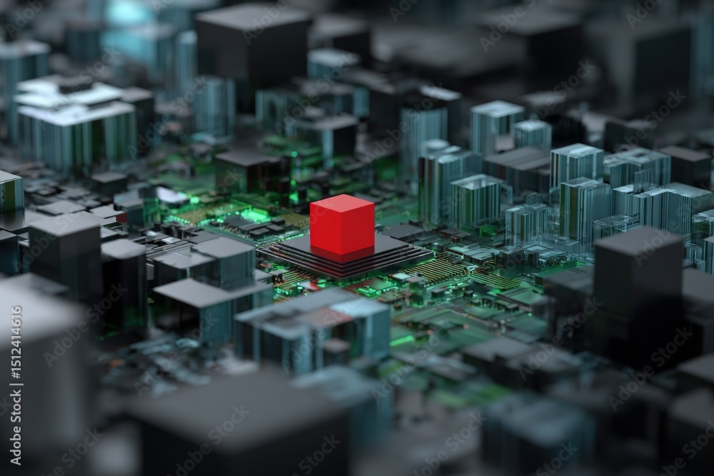 Poster red cube on circuit board amidst intricate electronic components during digital rendering