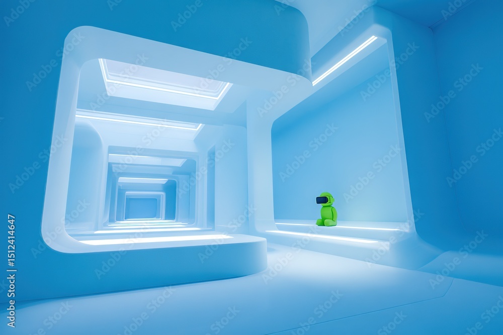Poster futuristic room with sleek design and a green robot figure in virtual reality setting