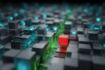 Fototapeta premium Complex arrangement of luminous blocks in a digital landscape reflects vibrant colors and intricate patterns in a modern artistic representation