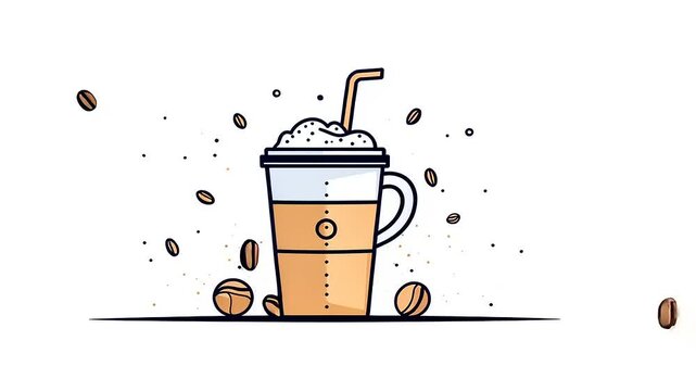 Animated Iced Coffee with Floating Beans, Refreshing beverage cartoon style