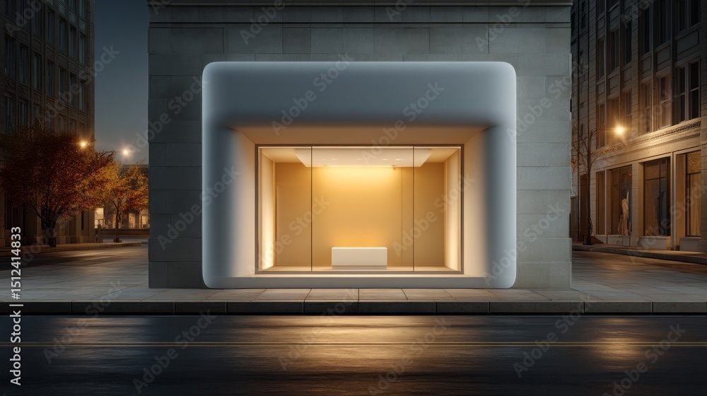 Aufkleber A striking illuminated storefront display features sleek lines and a minimalist design, creating an inviting atmosphere in a quiet urban street at night with soft lighting