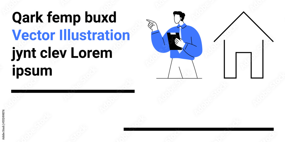 Poster man holding clipboard gesturing while discussing ideas next to simple house icon and editable text. 