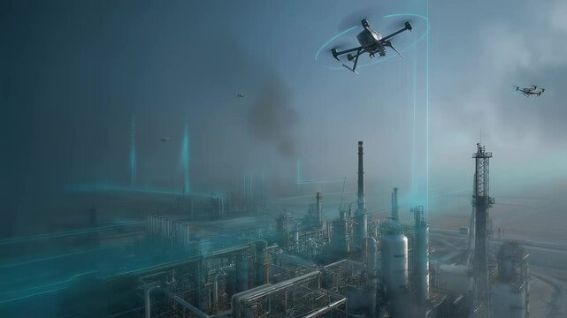 Futuristic drones deploy a protective nanofilm over an industrial plant, enhancing safety and efficiency in this visualization of advanced technology