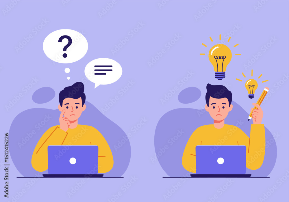 Poster flat vector of man finding solution for problems at work