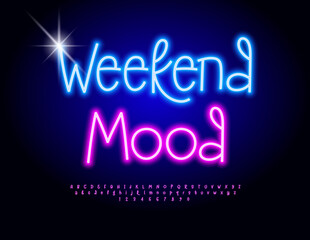 Vector Glowing banner Weekend Mood. Playful Neon Font. Electric Pink Alphabet Letters and Numbers set