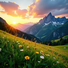 Fototapeta premium Golden sunset paints alpine meadow, vibrant green grass, majestic mountains , hills, awesome, view