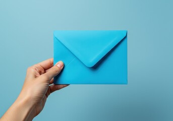 Hand holding a bright blue envelope against a matching blue background