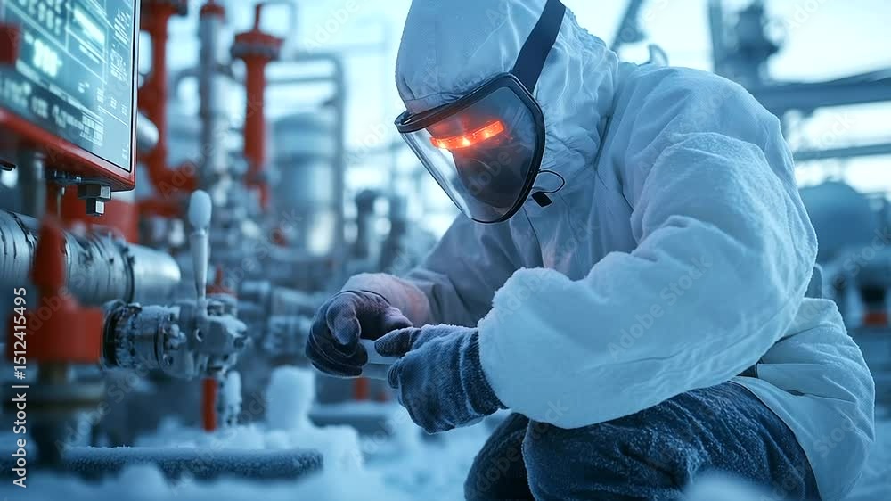 Aufkleber technician in full ppe kneeling beside a frost-covered valve, checking automated sensor readouts whi