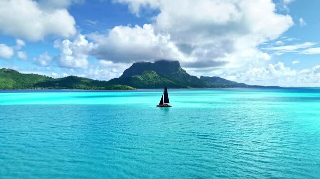 Drone aerial Tahiti. Aerial view of Bora Bora turquoise crystal clear water lagoon, tour sail boat. French Polynesia 4k.  Luxury honeymoon vacation, romantic getaway, exotic resort destination. 