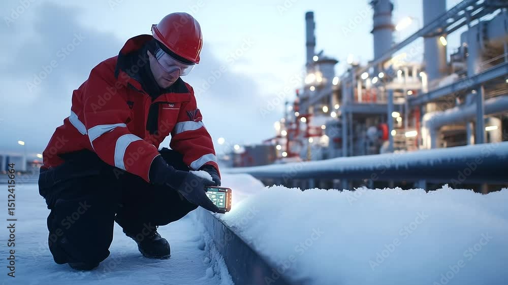Aufkleber technician in full ppe kneeling beside a frost-covered valve, checking automated sensor readouts whi