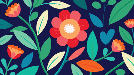 Vibrant and Bold Floral Pattern with Red Flowers and Lush Green Foliage on a Dark Background