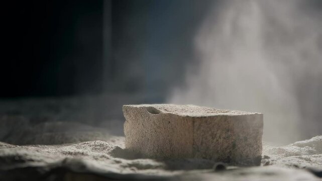 Metallic robotic arm delicately places a regolith brick onto a simulated lunar surface, creating a small dust cloud in low gravity environment