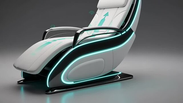 Modern ergonomic massage chair with sleek design, glowing accents, and adjustable features