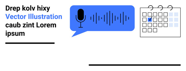 Microphone emits soundwave over speech bubble alongside calendar with highlighted date. Ideal for content creation, audio recording, scheduling, productivity, event planning, organization, simple