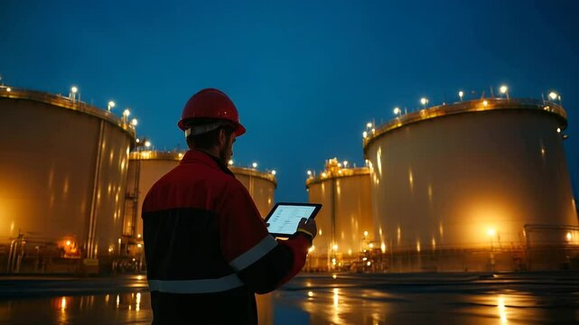 Technician with a digital tablet reviewing remote sensor data while visually inspecting the external control valves on the LNG storage tank, surrounded by precision-engineered moni