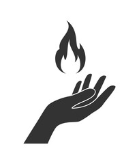 Black silhouette of a hand holding a flame above the palm, white background. Vector illustration