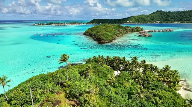 Drone aerial view Bora Bora Tahiti. Tropical paradise island, turquoise crystal clear water lagoon. French Polynesia. Exotic travel vacation getaway, romantic honeymoon destination