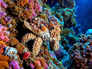 Fototapeta premium Tropical Reef Cuttlefish Hiding Among Coral