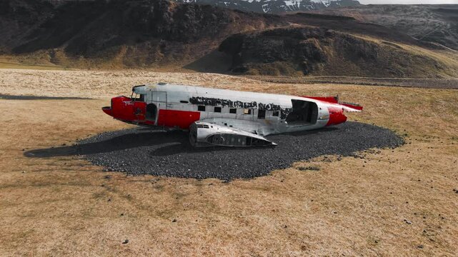 Cinematic 4K Aerial Footage of Abandoned Military Aircraft Wreck in Icelandic Grassland