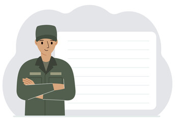 The profession of a soldier. A man in military uniform. Army and military concept. Vector flat illustration