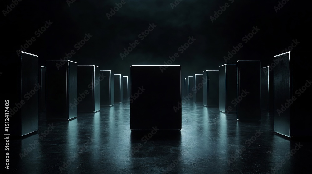 Poster futuristic library of infinite knowledge represented as glowing cubes in dark space