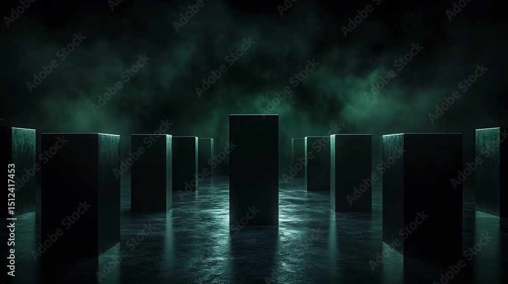 Poster futuristic library of infinite knowledge represented as glowing cubes in dark space