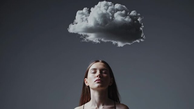 Pensive young woman meditating under a floating cloud symbolizing mindfulness and imagination