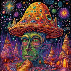 Obraz premium Psychedelic Mushroom Shaman and a Fantastical Universe