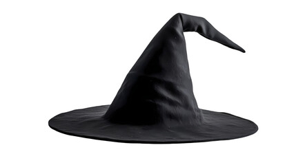 A dark witch hat with a pointed top and a wide brim isolated on a black background in a studio shot isolated on transparent background