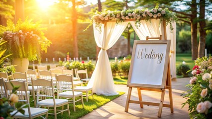 Outdoor Wedding Scene with Blank and White Placard for Advertisement or Signage Mockup