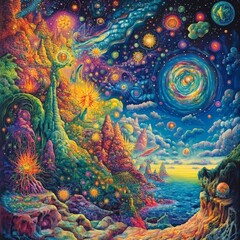 Psychedelic Landscape Featuring Colorful Abstract Elements and Cosmic Details