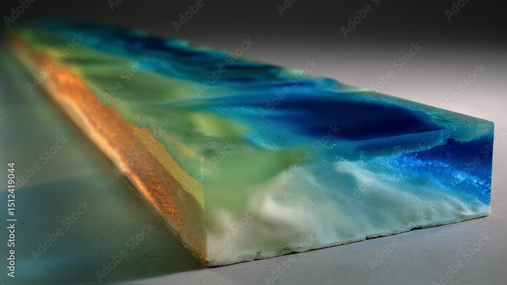 Poster uv light illuminates translucent layers of an algae based epoxy, showcasing the initial curing stage
