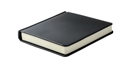 A closed black notebook with cream pages on a black surface in a studio setting with soft lighting isolated on transparent background