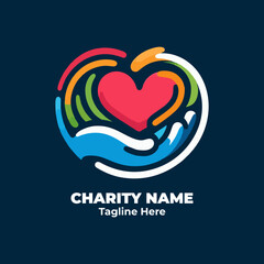 Charity logo design for donation campaign, nonprofit aid, helping hands illustration, volunteer outreach, community support for humanitarian care and giving back to society