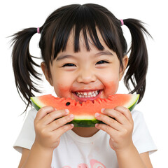 Kid Eating Juicy Watermelon with Red Mouth Stains Transparent Background


