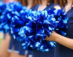 Cheerleaders holding bright blue pom-poms