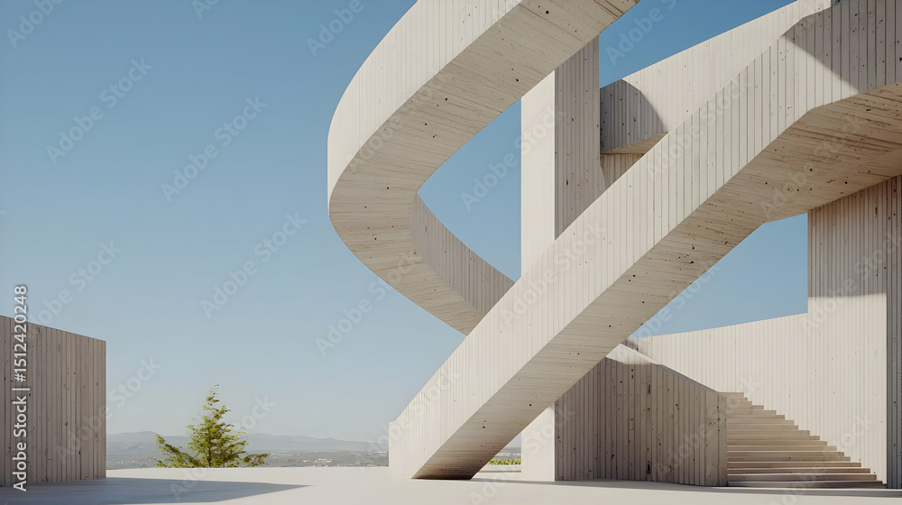 Poster modern concrete architectural structure with staircase and view