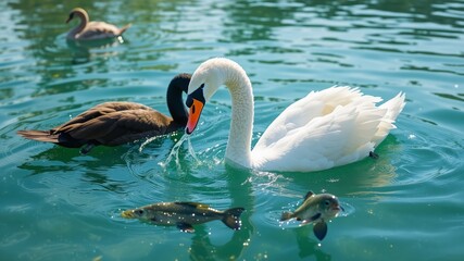 Obraz premium White Swan Hunting Fish in Blue Spring Water