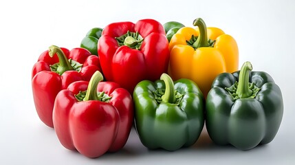 A group of colorful bell peppers red green and yellow on white background