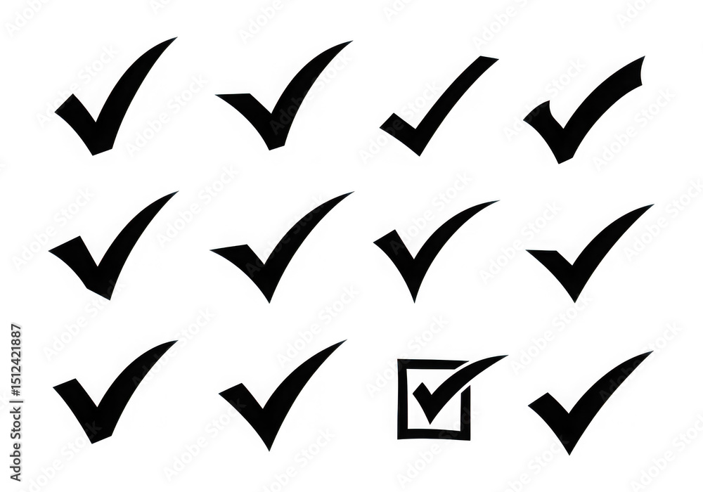 Poster collection of check mark icons isolated on transparent background