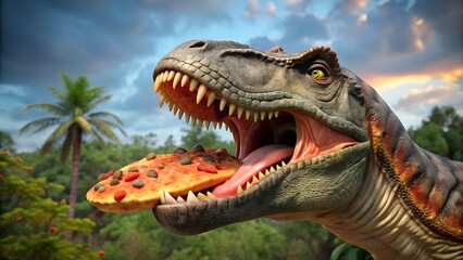 Obraz premium Dinosaurs sharing Four Cheese Pizza on sci-fi backdrop bold idea for gourmet pizza branding and unique food campaigns milkyhexddway pizzas Backgrounds ads