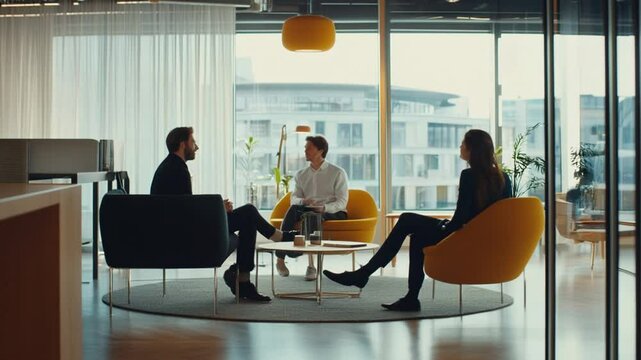 Dynamic team collaboration brainstorming session in a modern office space with city view