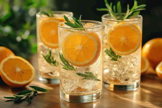 glasses of orange gin with rosemary garnish.