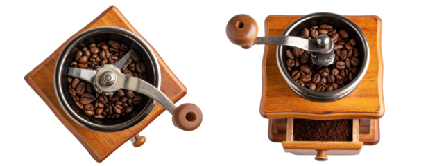 Top View of Antique Coffee Grinder with Metal Crank, isolated on transparent background