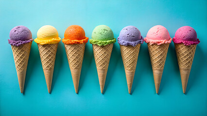 Pastel Ice Cream Cones with Unique Flavors on Cool Blue