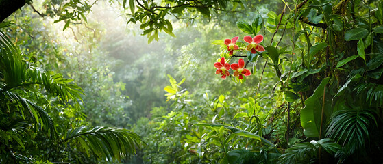 Fototapeta premium Sunlight Filters Through Lush Tropical Forest Canopy