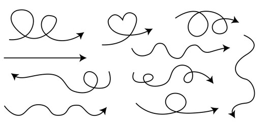 Collection of playful hand drawn arrows with swirls and a heart shape in transparent background, line pointers, wavy direction
