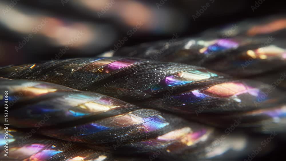Poster extreme macro view of a section of spun optic cable reveals intricate, shimmering iridescent pattern
